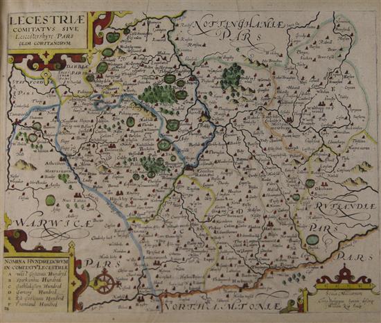 After Christopher Saxton. Two hand coloured county maps of Leicestershire and Gloucestershire,